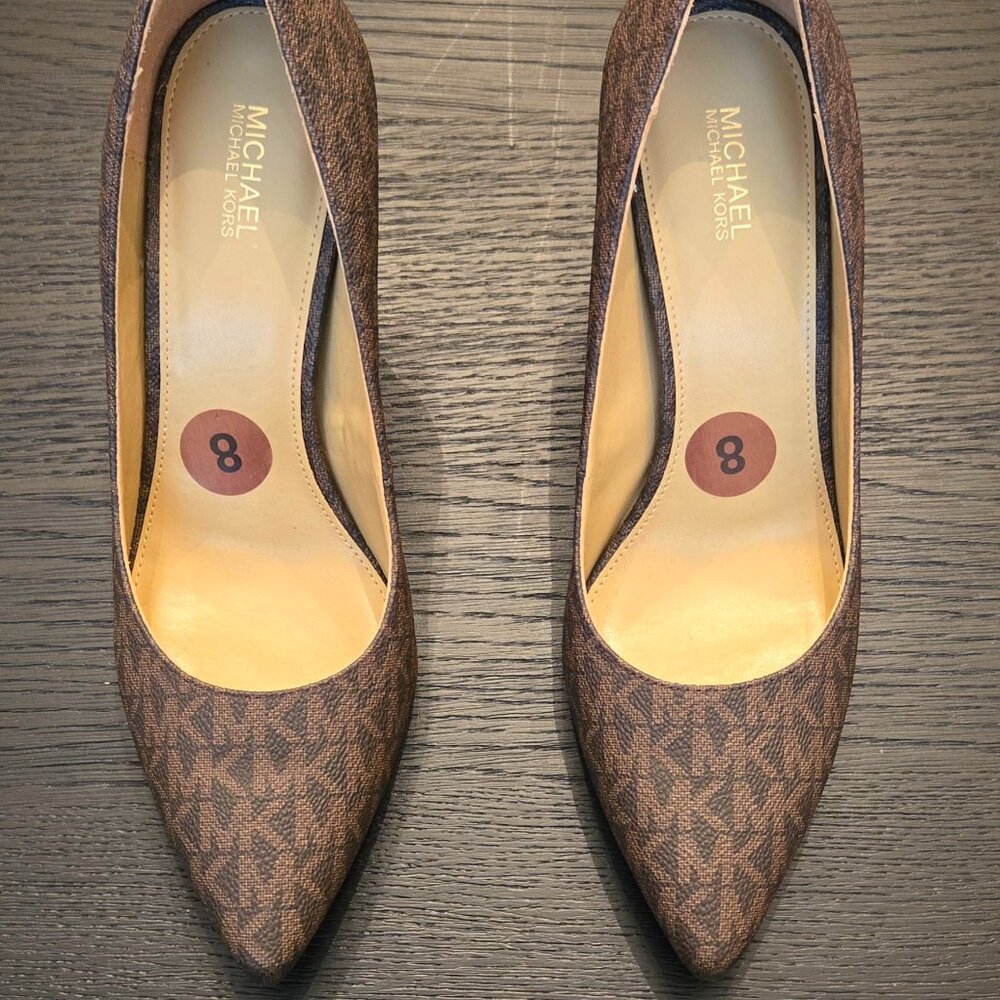 Michael Kors Signature Logo Canvas Pump, Gold accent, Brown, size 8 (US)